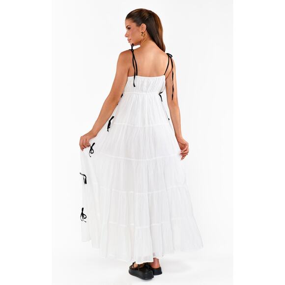 Show Me Your Mumu Harmony Maxi Dress White Voile with Black Bows L - Picture 6 of 7